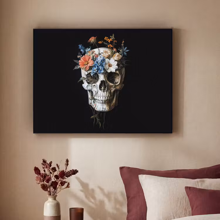 Bloemen - Schedel - Kleurrijk Textielframe zwart klein -sfeer1
