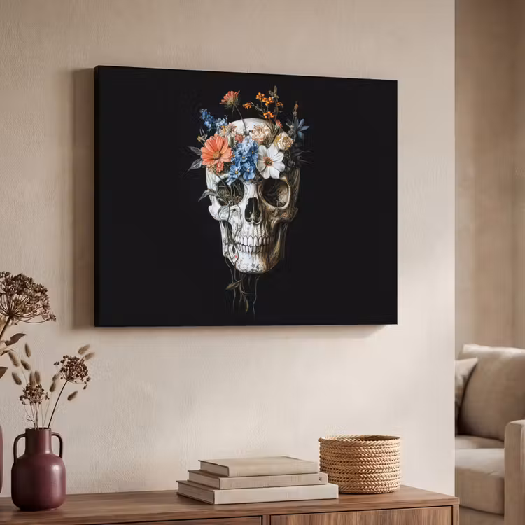 Bloemen - Schedel - Kleurrijk Textielframe - compleet frame klein -sfeer3