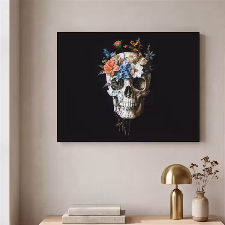 Bloemen - Schedel - Kleurrijk Textielframe - compleet frame klein -sfeer2
