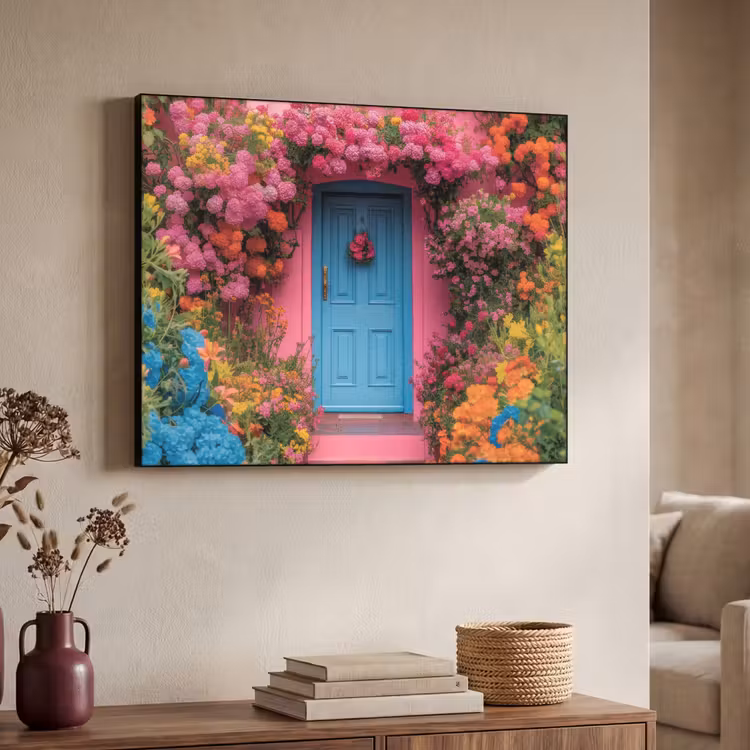 Bloemen - Deur - Roze Textielframe zwart klein -sfeer3