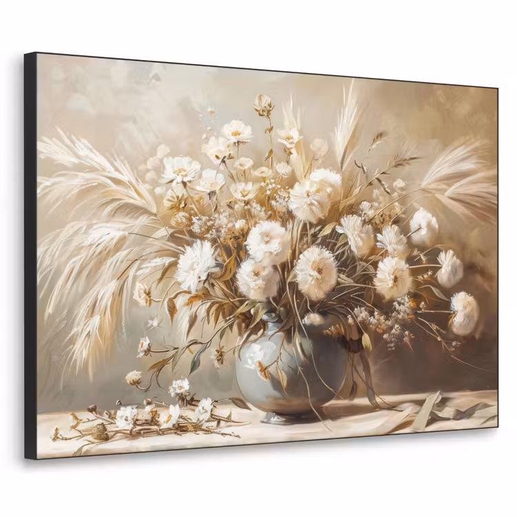 Bloemen - Vaas - Stilleven - Beige Textielframe zwart klein -3d