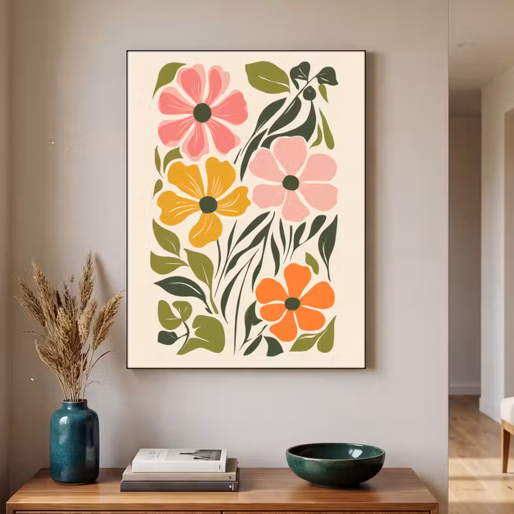 Bloemen - Speels - Kleurrijk Textielframe zwart klein -sfeer1