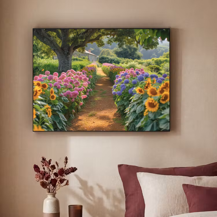 Bloemen - Pad - Zonnebloemen - Tuin - Hortensia Textielframe zwart klein -sfeer1