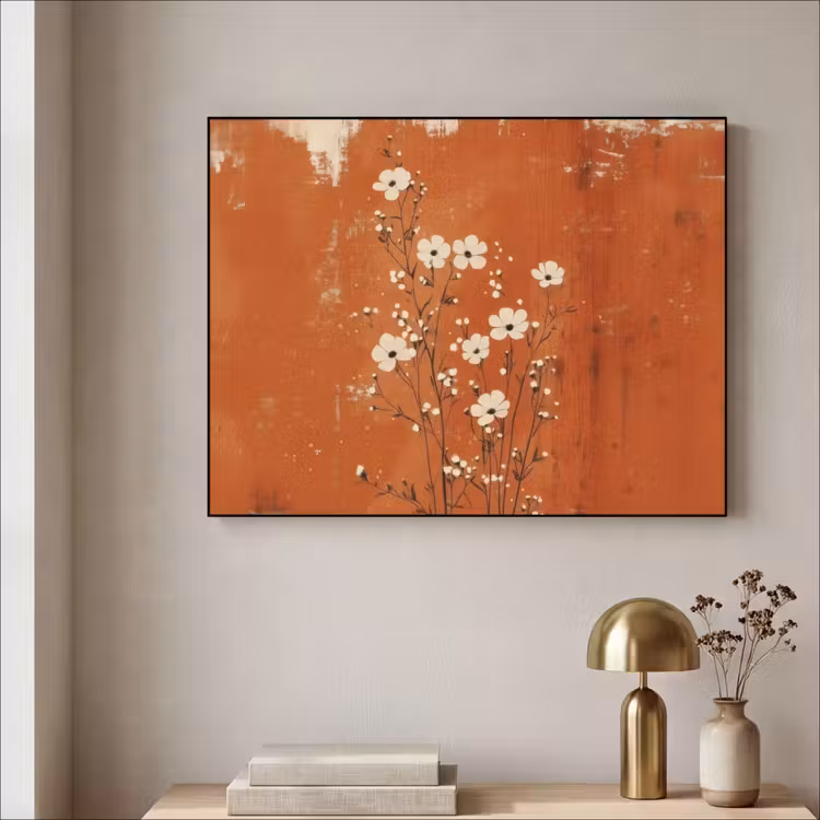 Bloemen - Wit - Subtiel - Roestkleur Textielframe zwart klein -sfeer2