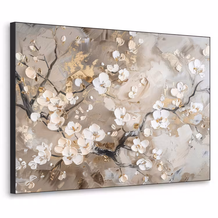Bloemen - Wit - Goud - Beige - Luxe Textielframe - compleet frame klein -3d