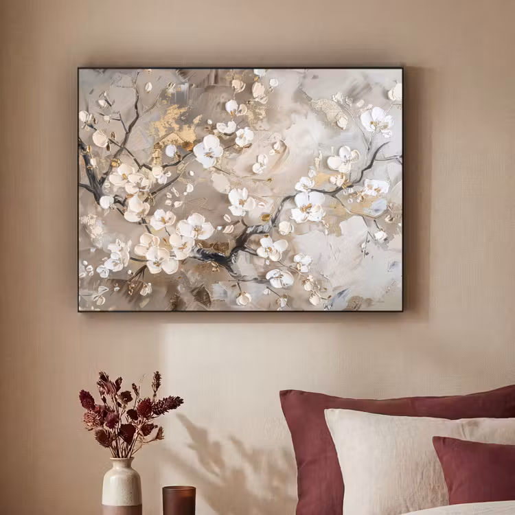 Bloemen - Wit - Goud - Beige - Luxe Textielframe - compleet frame klein -sfeer1