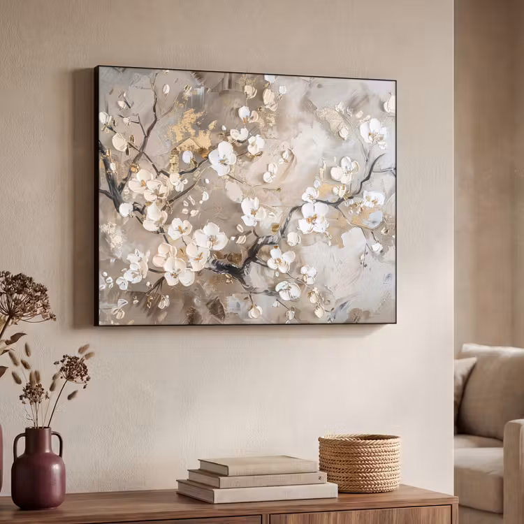 Bloemen - Wit - Goud - Beige - Luxe Textielframe zwart klein -sfeer3