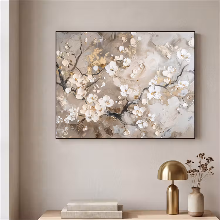 Bloemen - Wit - Goud - Beige - Luxe Textielframe - compleet frame klein -sfeer2
