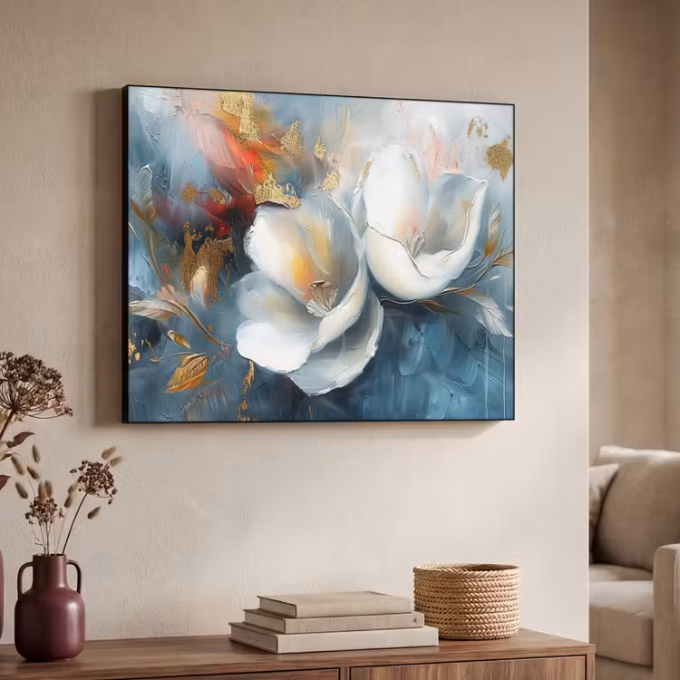 Bloemen - Wit - Goud - Kunst - Abstract Textielframe zwart klein -sfeer3