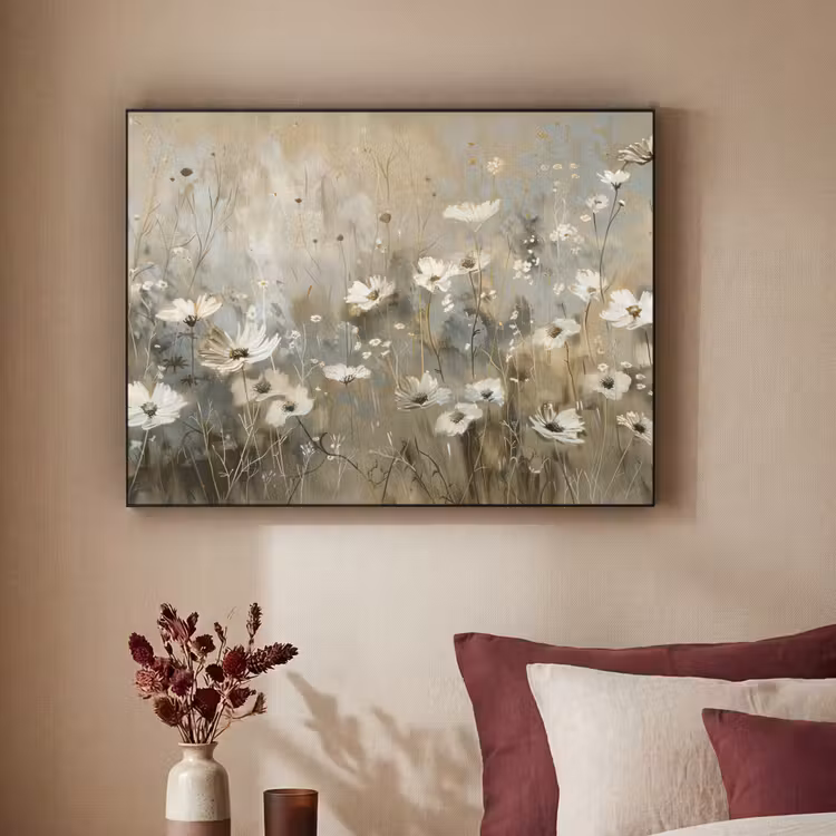 Bloemen - Wit - Natuur - Grijs - Modern Textielframe zwart klein -sfeer1