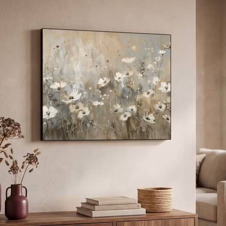 Bloemen - Wit - Natuur - Grijs - Modern Textielframe - compleet frame klein -sfeer3