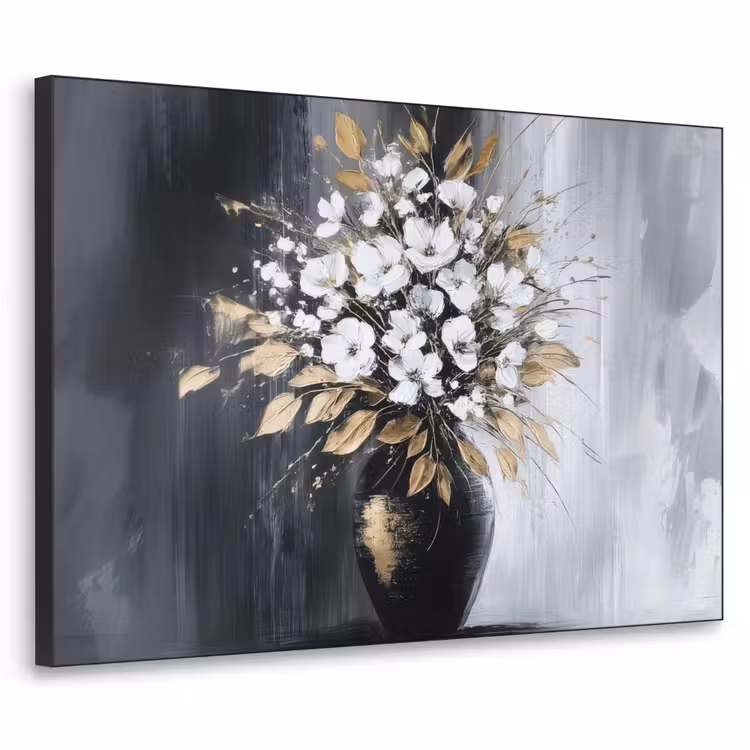 Bloemen - Wit - Vaas - Abstract Textielframe zwart klein -3d