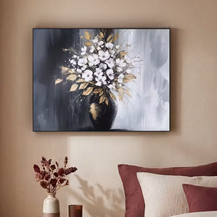 Bloemen - Wit - Vaas - Abstract Textielframe - compleet frame klein -sfeer1