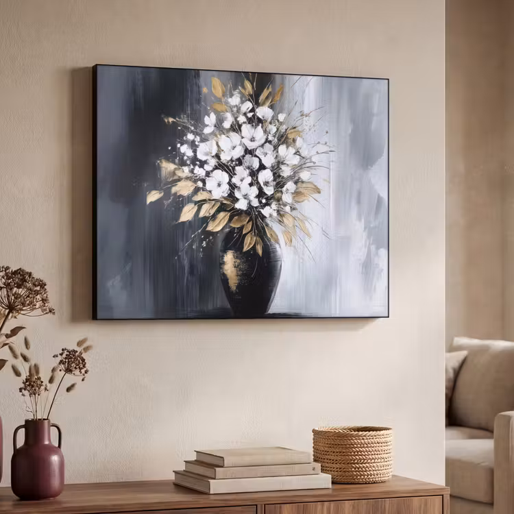 Bloemen - Wit - Vaas - Abstract Textielframe - compleet frame klein -sfeer3
