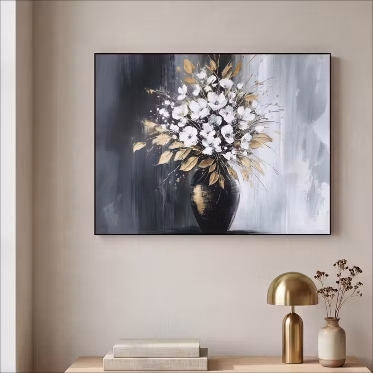 Bloemen - Wit - Vaas - Abstract Textielframe - compleet frame klein -sfeer2