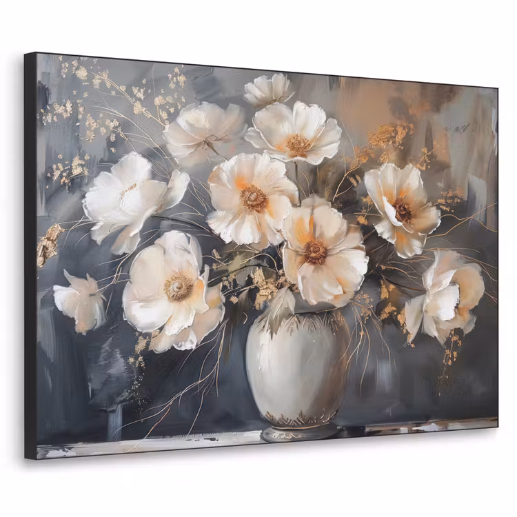 Bloemen - Wit - Vaas - Modern Textielframe zwart klein -3d