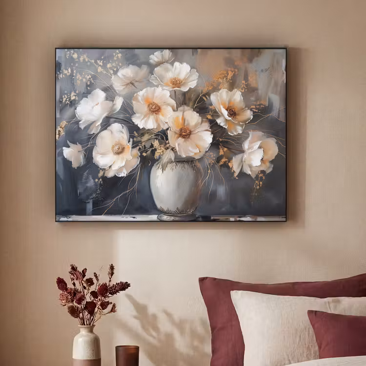 Bloemen - Wit - Vaas - Modern Textielframe - compleet frame klein -sfeer1