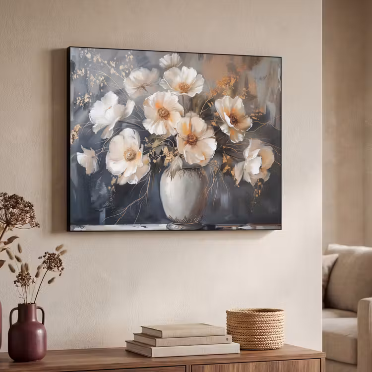 Bloemen - Wit - Vaas - Modern Textielframe zwart klein -sfeer3