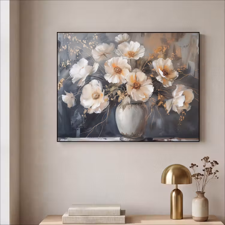 Bloemen - Wit - Vaas - Modern Textielframe zwart klein -sfeer2