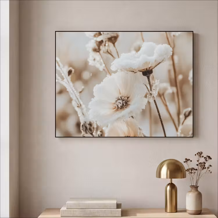 Bloemen - Winter - Wit - Sneeuw - Beige Textielframe - compleet frame klein -sfeer2