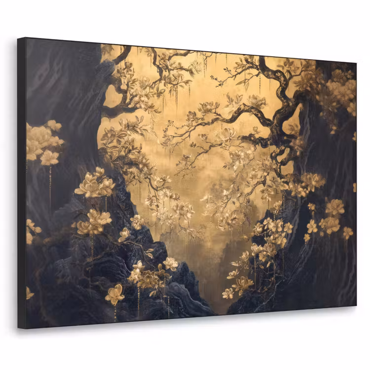 Bloemen - Takken - Goud - Sierlijk Textielframe zwart klein -3d