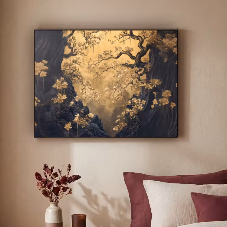 Bloemen - Takken - Goud - Sierlijk Textielframe zwart klein -sfeer1