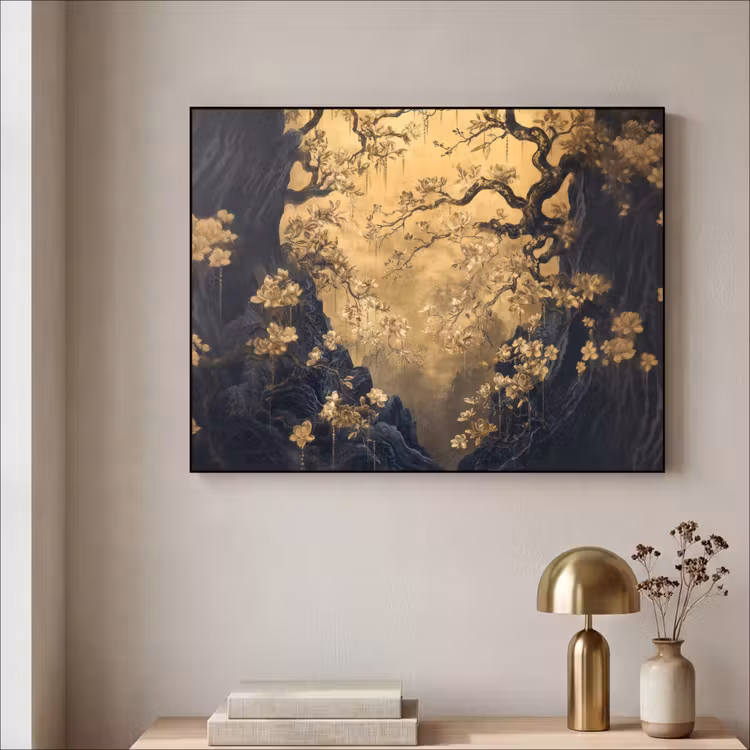 Bloemen - Takken - Goud - Sierlijk Textielframe - compleet frame klein -sfeer2