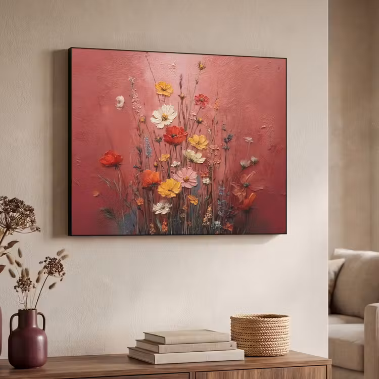 Bloemenboeket - Diepte - Tastbare textuur Textielframe zwart klein -sfeer3