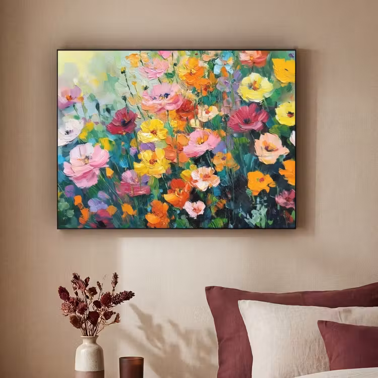 Bloemen explosie - Heldere kleuren - Vrolijk Textielframe zwart klein -sfeer1