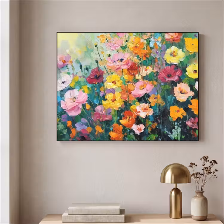 Bloemen explosie - Heldere kleuren - Vrolijk Textielframe zwart klein -sfeer2
