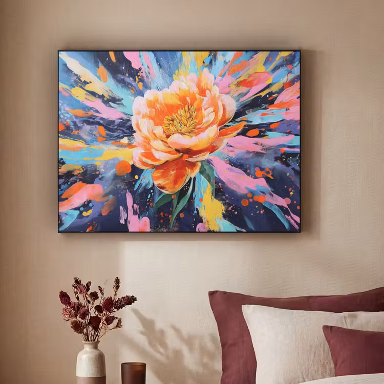 Bloemexplosie - Felle spatten - Dynamisch Textielframe zwart klein -sfeer1
