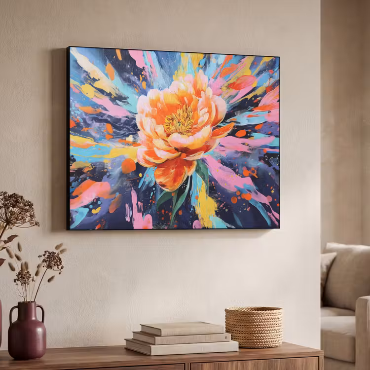 Bloemexplosie - Felle spatten - Dynamisch Textielframe zwart klein -sfeer3