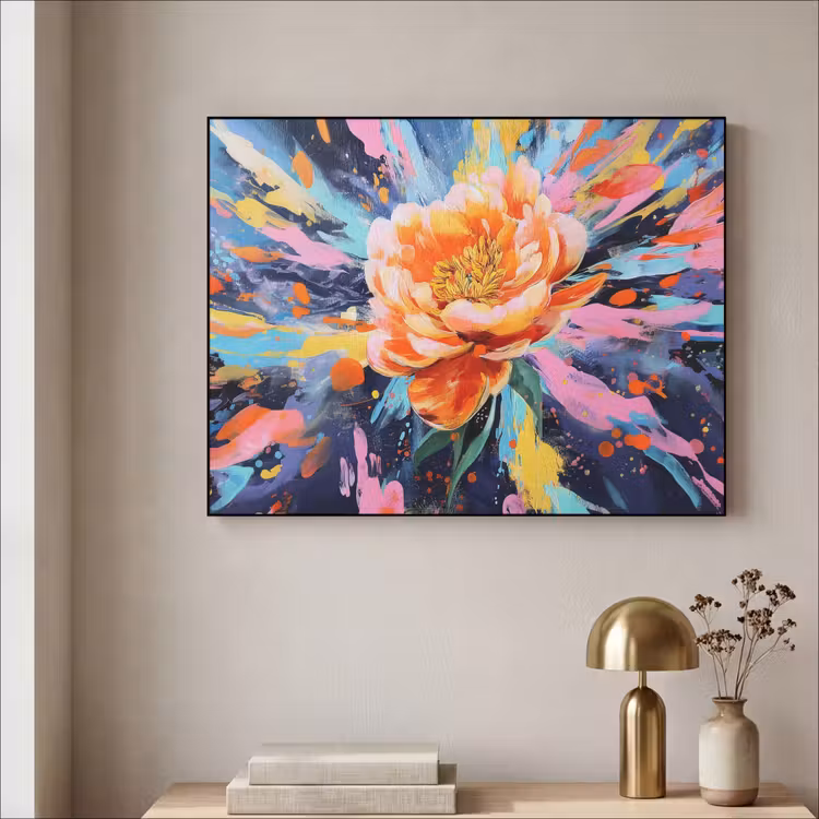 Bloemexplosie - Felle spatten - Dynamisch Textielframe zwart klein -sfeer2