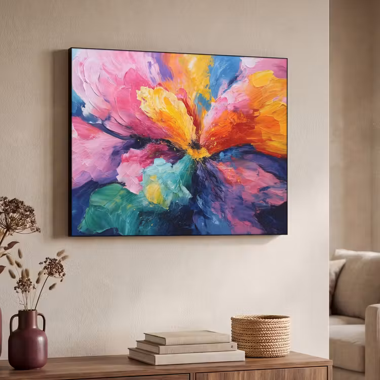 Bloemexplosie - Veelkleurig - Bewegend Textielframe zwart klein -sfeer3