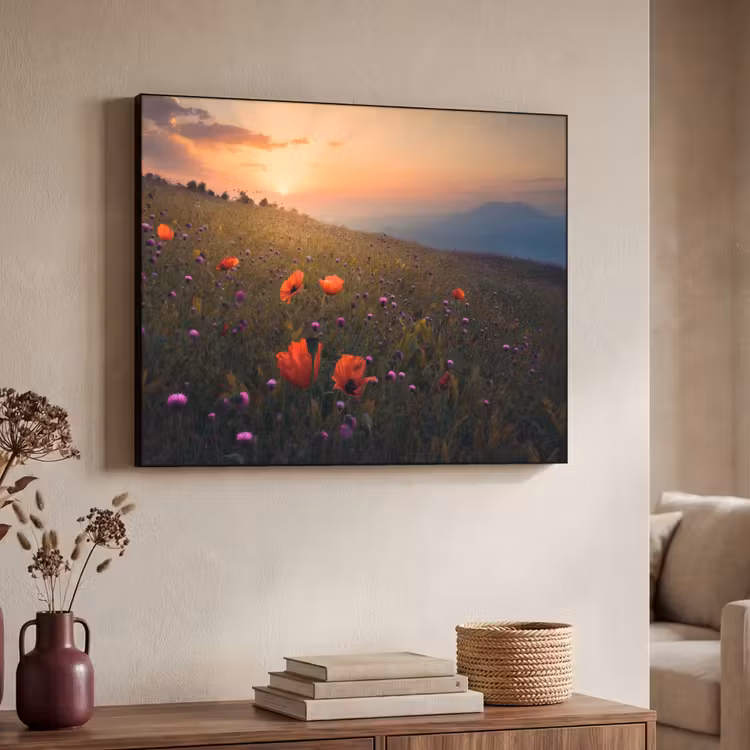 Bloemenveld - Gras - Bloemen - Planten - Zonsondergang - Oranje Textielframe zwart klein -sfeer3