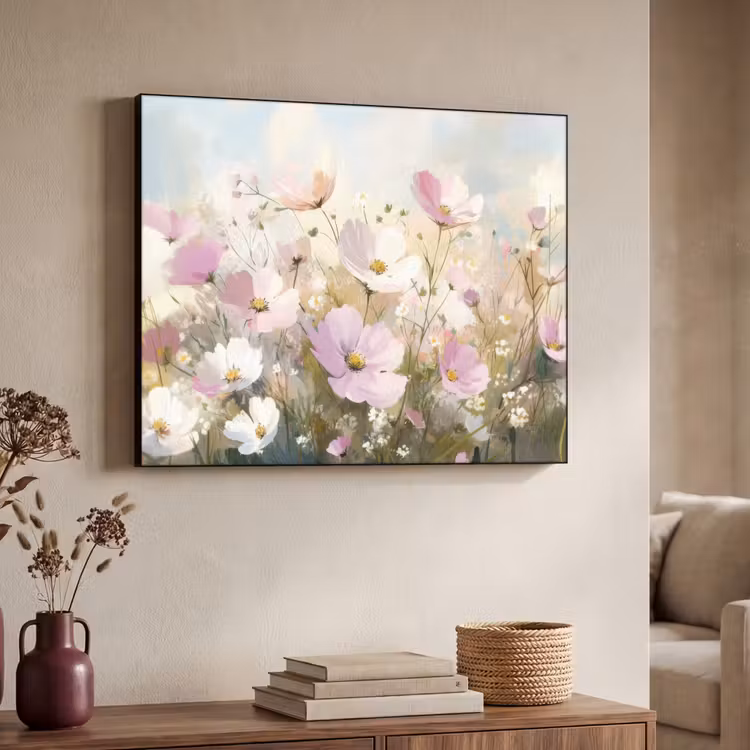 Bloemenveld - Lichte tinten - Geschilderd Textielframe - compleet frame klein -sfeer3