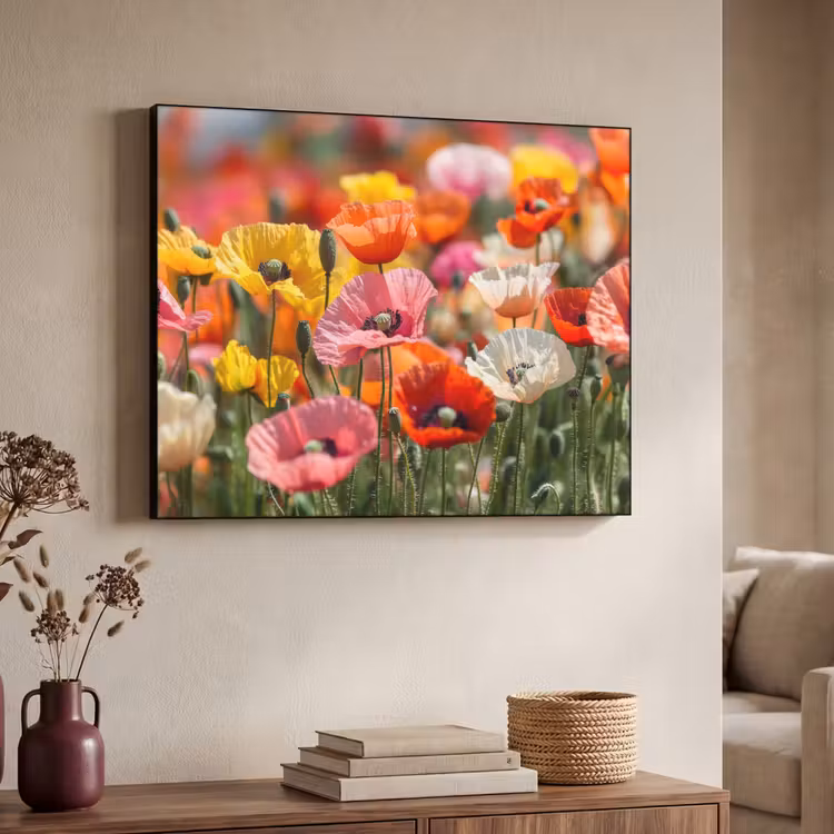 Bloemenveld - Klaprozen - Kleurrijk Textielframe zwart klein -sfeer3