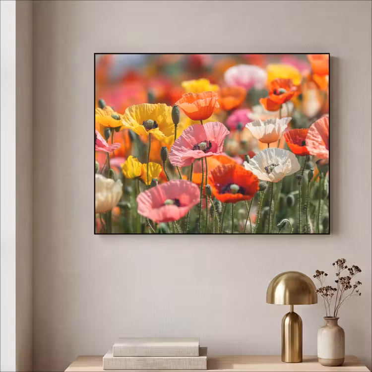 Bloemenveld - Klaprozen - Kleurrijk Textielframe zwart klein -sfeer2