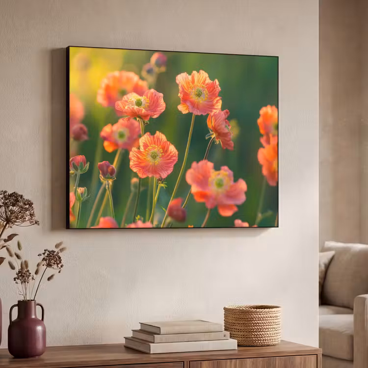 Bloemenveld - Zonnestralen - Oranje Textielframe - compleet frame klein -sfeer3
