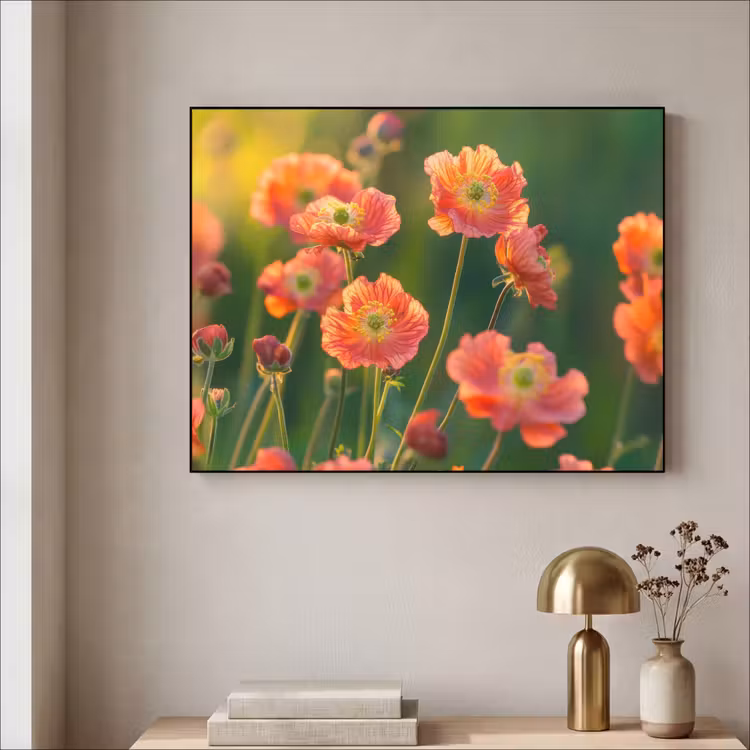 Bloemenveld - Zonnestralen - Oranje Textielframe zwart klein -sfeer2