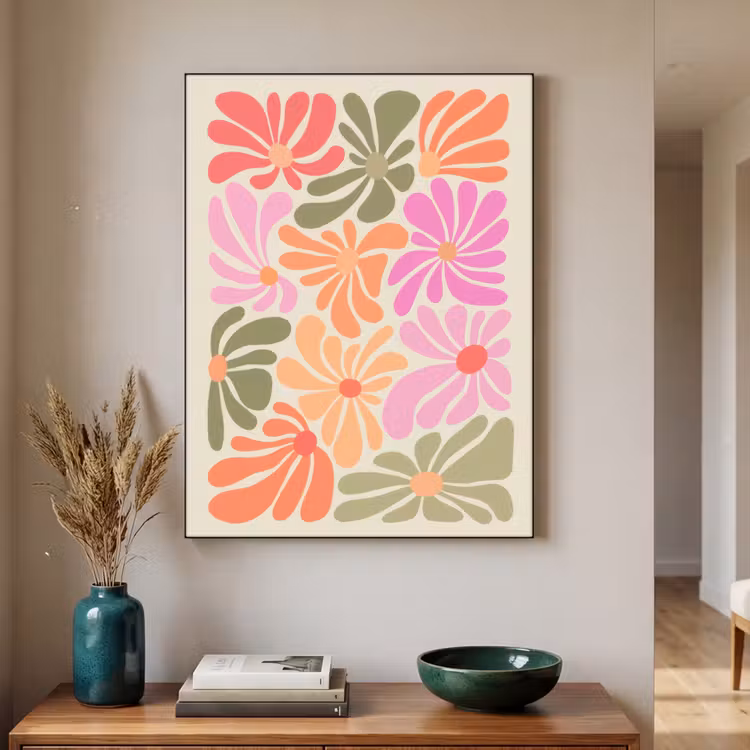 Bloemvormen - Retro - Kleurrijk Textielframe zwart klein -sfeer1