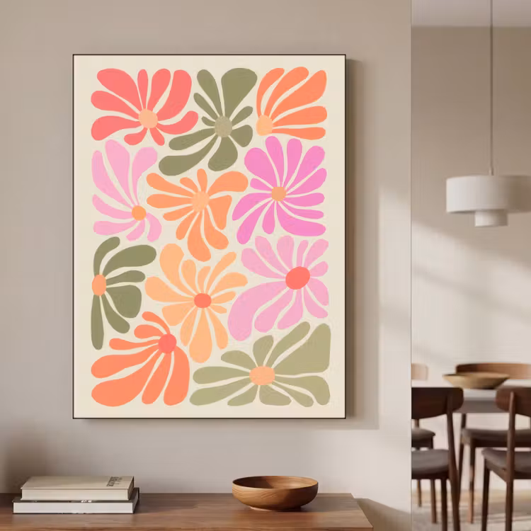 Bloemvormen - Retro - Kleurrijk Textielframe zwart klein -sfeer2