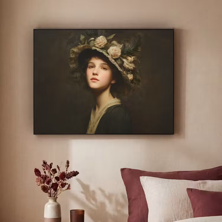 Bloemenhoed - Portret - Vrouw Textielframe - compleet frame klein -sfeer1
