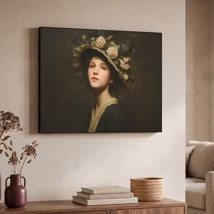 Bloemenhoed - Portret - Vrouw Textielframe zwart klein -sfeer3