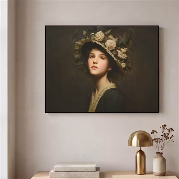 Bloemenhoed - Portret - Vrouw Textielframe - compleet frame klein -sfeer2