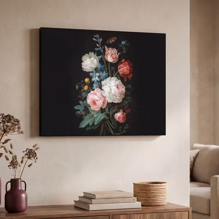 Boeket - Kleurrijk - Klassiek Textielframe zwart klein -sfeer3