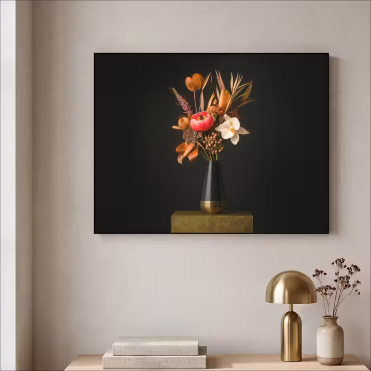 Boeket - Oranje - Gouden - vaas Textielframe - compleet frame klein -sfeer2