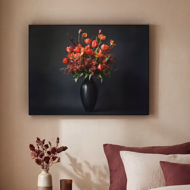 Boeket - Tulpen - Vaas - Rood Textielframe zwart klein -sfeer1