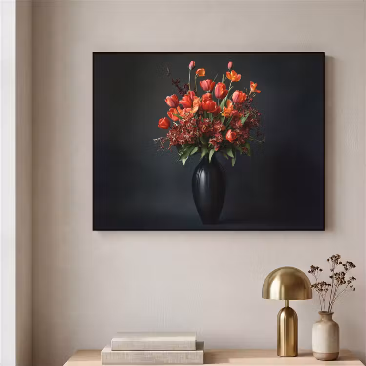 Boeket - Tulpen - Vaas - Rood Textielframe - compleet frame klein -sfeer2