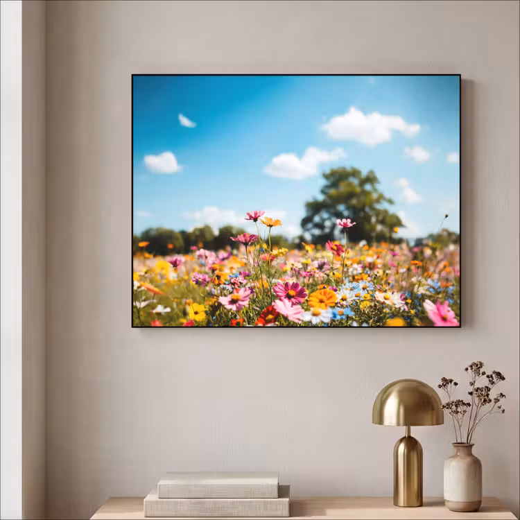 Bloemenweide - Blauw - Lucht - Kleuren Textielframe zwart klein -sfeer2